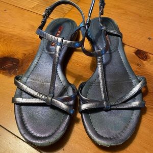 Authentic Prada Blue Metallic Flat Sandals